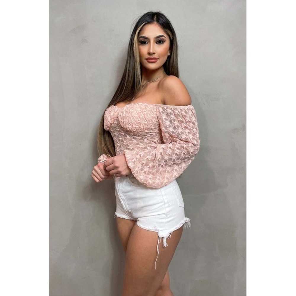 NEW Privy Pink Lace‎ Off Shoulder Bodysuit Small Romantic/Sexy Sheer Long Sleeve